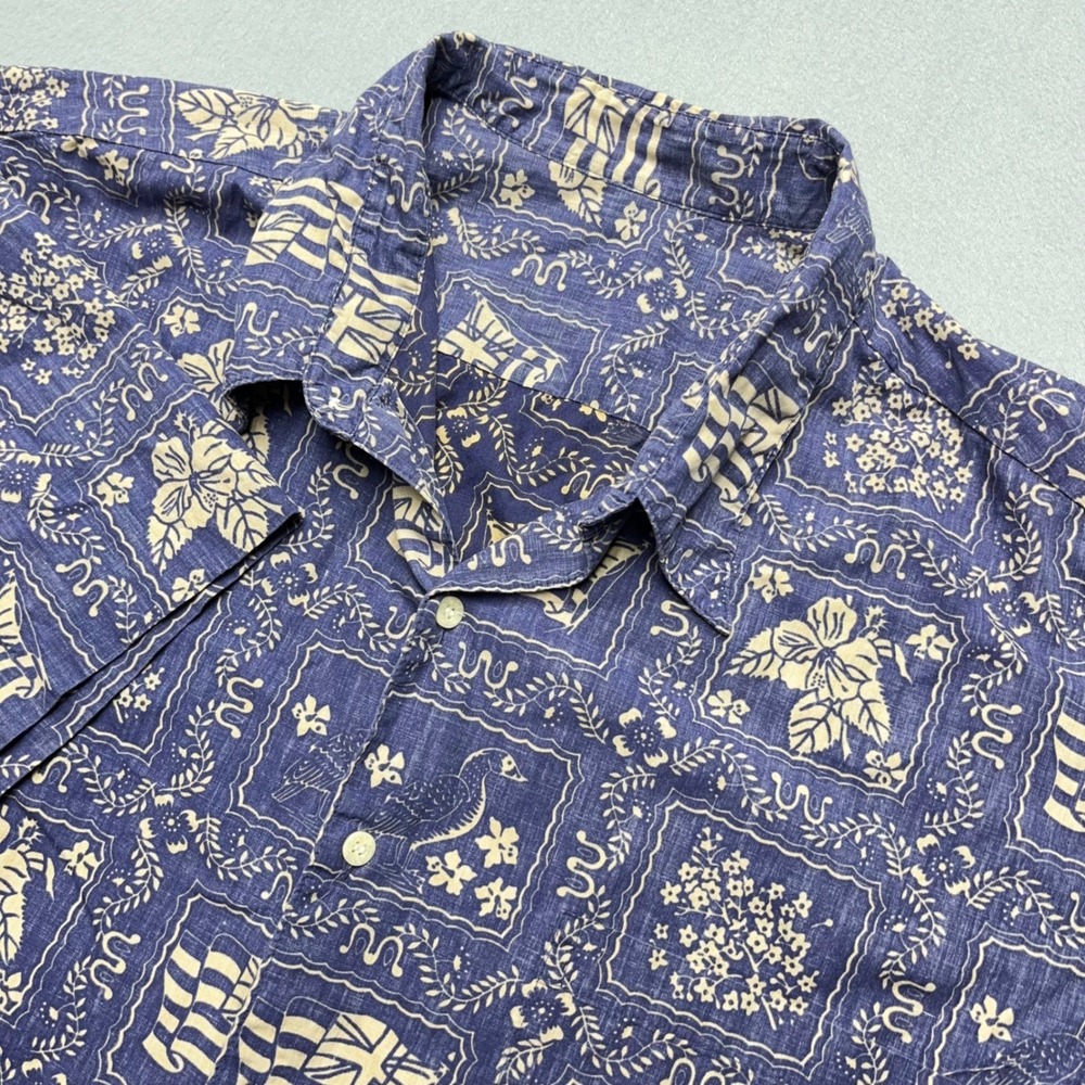 Vintage Reyn Spooner Mens Hawaiian Shirt Blue Reverse Print Flag Floral Bird XLB